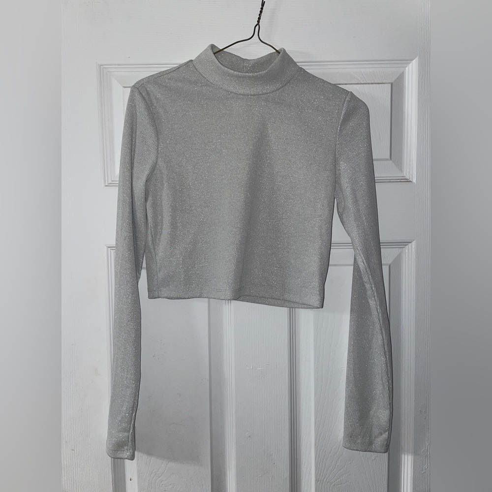 Shimmery Silver-Blue Mock Neck Crop Top SEE-THROUGH